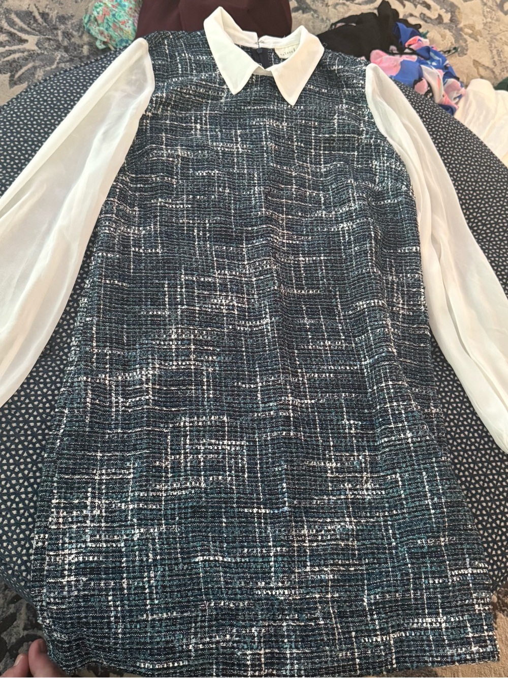 Maison Jules Navy Tweed Dress with White Sleeves and Collar